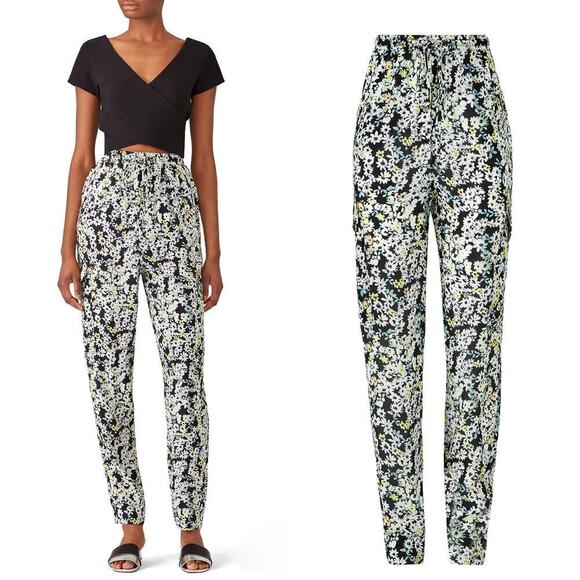 See by Chloe Drawstring Pants Floral Silk Print High Rise Straight Leg Black S - Picture 1 of 10
